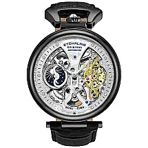 Relogio Homem, Masc.Automático Couro Dual Time AM, PM Sol, Lua 50M Mergulho, STUHRLING 3920.4, Preto