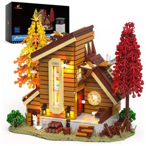 Kit de Construção Casa de Madeira na Floresta com Luzes e 1688 Peças, JMBricklayer, Marrom