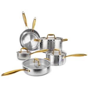 Conjunto de Panelas e Frigideiras em Aço Inoxidável Martelado 10 Peças com Alça Dourada e Não Tóxico, Imarku, Prata