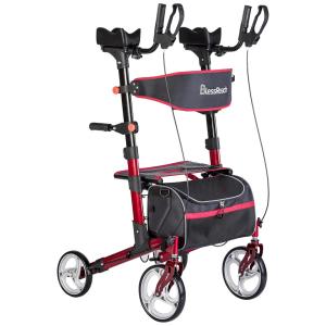 Andador Adulto Idoso com Apoio de Braço, Assento Acolchoado e Cesto, Suporta até 136 kg, BLESSREACH, Vermelho