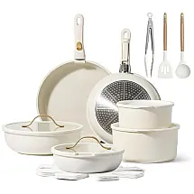 Conjunto 19 Peças Panelas e Frigideiras Antiaderentes Granito, Utensílios Cozinha, Cabo Removível, Branco Creme - CAROTE