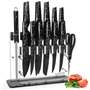 KOIOS Conjunto de Facas em Aço Inoxidável com Bloco de Bancada, 16 Peças, Preto