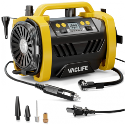Compressor de Ar com Fio Portátil 150 PSI Recarregável com Modo Inflação, Deflação e Tela LED, 12V, VacLife, Amarelo