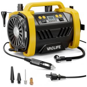 Compressor de Ar com Fio Portátil 150 PSI Recarregável com Modo Inflação, Deflação e Tela LED, 12V, VacLife, Amarelo