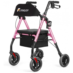 Andador para Idoso Dobrável até 136kg com Assento, Encosto Extra Largo e Suporte para Bengala, FlyingJoy, Rosa