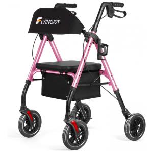 Andador para Idoso Dobrável até 136kg com Assento, Encosto Extra Largo e Suporte para Bengala, FlyingJoy, Rosa