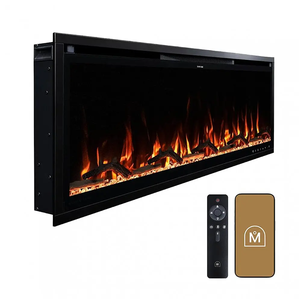 Lareira Elétrica Linear Inteligente Modern Ember Aerus de 127 cm, Embutida ou de Parede, Chamas LED Multicoloridas, Wi-Fi, Alexa, Google