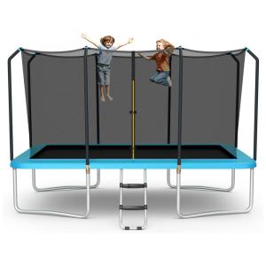 Trampolim retangular Goplus 8FT x 14FT, trampolins recreativos com rolamento de 440LBS com escada antiderrapante de rede de gabinete