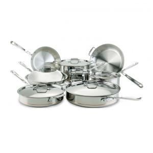 Conjunto de Panelas e Frigideiras Antiaderentes Profissionais com 5 Camadas e Núcleo de Cobre, 14 Peças, ALL CLAD 8400000085, Prateado