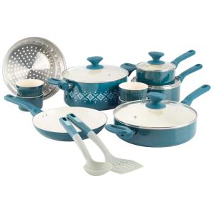 Jogo de Panelas e Frigideiras Antiaderentes em Alumínio com Utensílios, 16 Peças, Spice by Tia Mowry, Azul