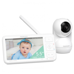 Babá Eletrônica com Câmera, Monitor de Vídeo 5.5 Full HD 1080P com Visão Noturna Infravermelha e Bateria Sem WiFi, Momcozy, Branca