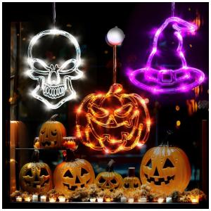 Kit Decoração Interna para Halloween LED 3 Peças Inclui Abobóra, Chapeu de Bruxa e Caveira, Hexagram