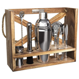 Kit Bartender Profissional 5 Peças em Aço Inoxidável com Suporte de Madeira, Highball Chaser, Prata