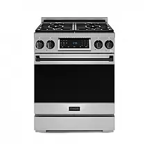 Fogão a gás GLP profissional 76cm Thor Kitchen Gordon Ramsay inox/preto painel touch basculante convecção grelha contínua 129L 110V