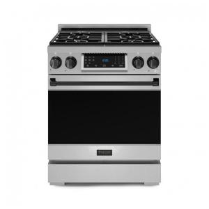 Fogão a gás GLP profissional 76cm Thor Kitchen Gordon Ramsay inox/preto painel touch basculante convecção grelha contínua 129L 110V