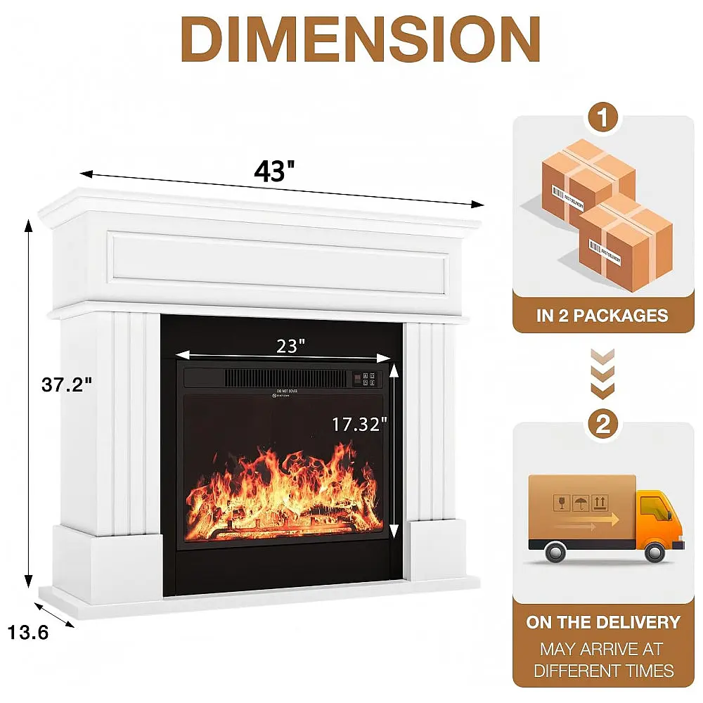Lareira Elétrica OneBlis 109x95cm 1500W Chamas 3D Mantel Branca Portátil 110V — foto 2