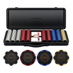 Maleta de Poker com Detalhes de Couro e 500 Fichas sem Numeração para Texas Holdem 14g, SLOWPLAY, Preta