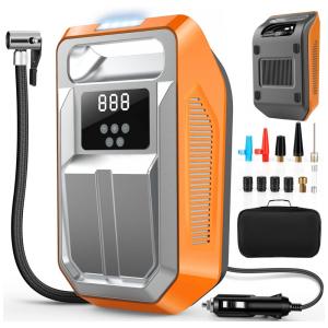Compressor de Ar com Fio Portátil 150 PSI com Display Digital, Luz LED e Acessórios, 12V, FBK, Laranja