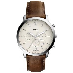 Relógio Masculino Analógico de Quartzo com Pulseira de Couro e Cronógrafo, Fossil FS5380, Prata e Marrom