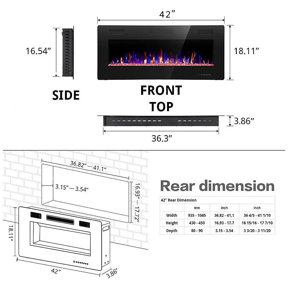 Lareira Elétrica R.W.FLAME 107x46cm 1500W Touch Screen Timer Embutir 110V — foto 3