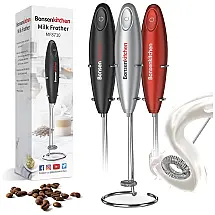 Espumador de Leite Elétrico a Bateria em Aço Inoxidável com Suporte, BONSENKITCHEN, Prateado