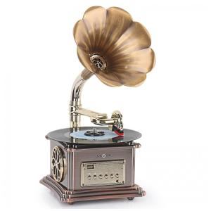 Gramofone Toca Discos Retro com Alto Falante Embutido e Corneta de Cobre, 110V, Asommet, Marrom
