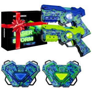 Conjunto de Pistola de Brinquedo com Laser Tag, 2 Pistolas e 2 Coletes de Alta Tecnologia para Crianças e Adultos, Atlasonix, Verde e Azul