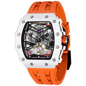 Relógio Masculino Analógico Automático Mecânico a Prova dÁgua 50M com Pulseira de Silicone, TSAR BOMBA SGLZ TB 8208, Laranja e Prata