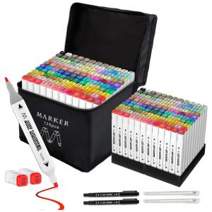 Conjunto de Canetas Artisticas 120 Cores de Ponta Dupla com Estojo e Suportes Branços, Banral