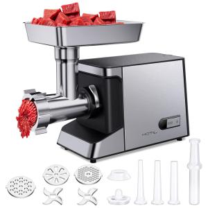 Moedor de Carne Elétrico HOTIL , 1800W Máx., 3 em 1, Aço Inox, Prata, Preto 110V