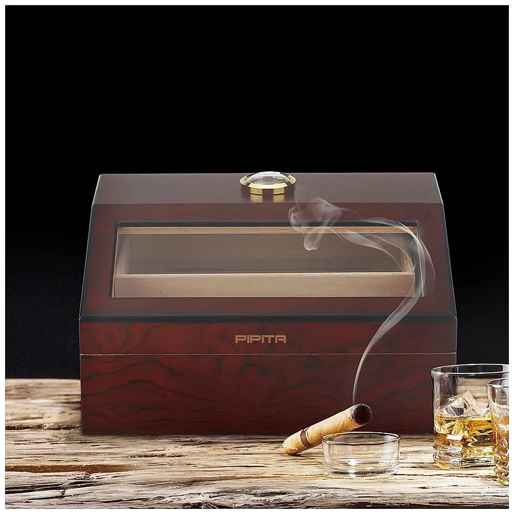 Humidor de Madeira P PIPITA Marrom Topo de Vidro Temperado para 25-50 Charutos com Umidificador e Higrômetro