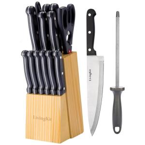 Conjunto de Facas LivingKit, Aço Inoxidável, 14 Peças, Preto e Palha