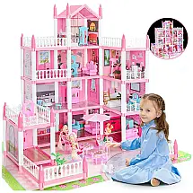 Casa de Bonecas com 4 Andares e Cômodos Customizáveis para Crianças de 3 Anos ou Mais, GirlDiary, Rosa