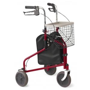 Andador Adulto Idoso 3 Rodas Medline com Bolsa, Suporta até 124 Quilos, Vermelho