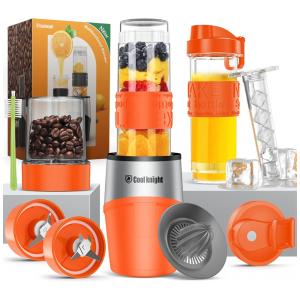Liquidificador Pessoal Portátil com 10 Acessórios e Garrafa Esportiva de 600mL, 110V 500W, COOL KNIGHT, Laranja