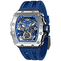 Relógio Masculino Analógico Automático Mecânico a Prova dÁgua 50M com Pulseira de Silicone, TSAR BOMBA, Azul e Prata