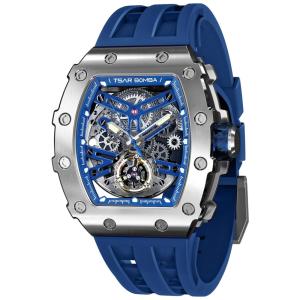 Relógio Masculino Analógico Automático Mecânico a Prova dÁgua 50M com Pulseira de Silicone, TSAR BOMBA, Azul e Prata