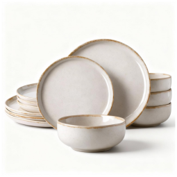 Aparelho de Jantar de Cerâmica AmorArc, Com Bordas Onduladas, Pratos e Tigelas de Pedra, Resistente a Rachaduras e Chips, Conjunto de Louças