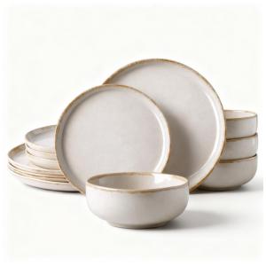 Aparelho de Jantar de Cerâmica AmorArc, Com Bordas Onduladas, Pratos e Tigelas de Pedra, Resistente a Rachaduras e Chips, Conjunto de Louças