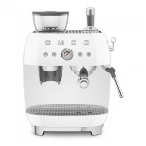 Máquina de espresso semi‑automática Smeg branca retrô com moedor integrado, duplo termobloco, porta‑filtro 58 mm e reservatório 2,4L, 110V