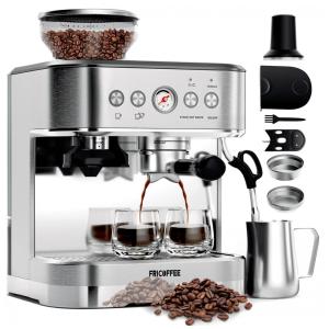 Máquina de Café Expresso em Aço Inoxidável com Bocal de Leite e Moedor, 110V, Fricoffee, Prata