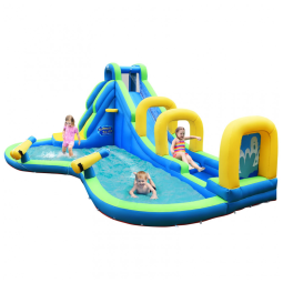 Parque Aquático Inflável até 120 kg com Escorregador Longo, Piscina de Respingos e Parede de Escalada para Crianças Acima de 3 Anos