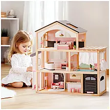 Casa de Bonecas de Madeira ROBUD, 6 Ambientes com 29 Móveis, Elevador, Garagem e Piscina - Presente Perfeito para Crianças a partir de 3