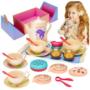 Jogo de Chá Infantil 42 Peças com Suporte de Sobremesa de 3 Camadas e Maleta de Transporte para Crianças Acima de 3 Anos, IBBWB, Rosa
