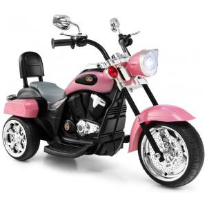 Moto Elétrica Infantil Chopper OLAKIDS Rosa 6V 3 Rodas de Treinamento Farol LED Buzina Suspensão Estrutura Metálica 3 km/h