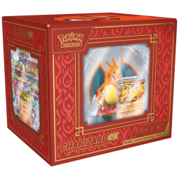 Coleção Pokémon TCG Charizard ex Super Premium com 10 boosters, cartas promocionais holográficas e miniatura expositora