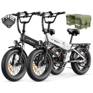 Kit com 2 bicicletas elétricas dobráveis Jasion X Hunter preto e branco pneu grosso 20" motor 750W pico 1400W bateria 48V 13Ah até 112 km