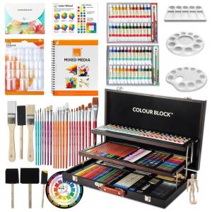 Kit de Pintura COLOUR BLOCK com 296 Peças e Caixa de madeira Portátil, Preta