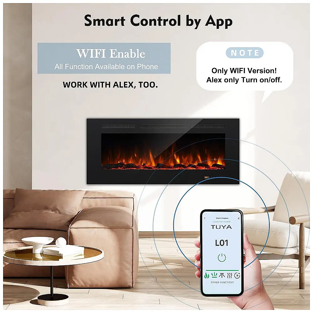Lareira Elétrica Inteligente de 127 cm com Wi-Fi, 5 Ajustes de Chama, Troncos ou Cristais, Controle de Temperatura por Painel Touch — foto 2