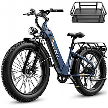 Bicicleta elétrica Jasion Thunder azul elétrico pneus 26x4 motor 750W nominal 1800W pico bateria 48V 18Ah 864Wh quadro aço carbono 7 marchas